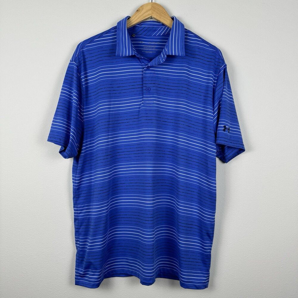 Under Armour The Playoff Polo Blue Striped Golf Polo Shirt Size XL Performance
